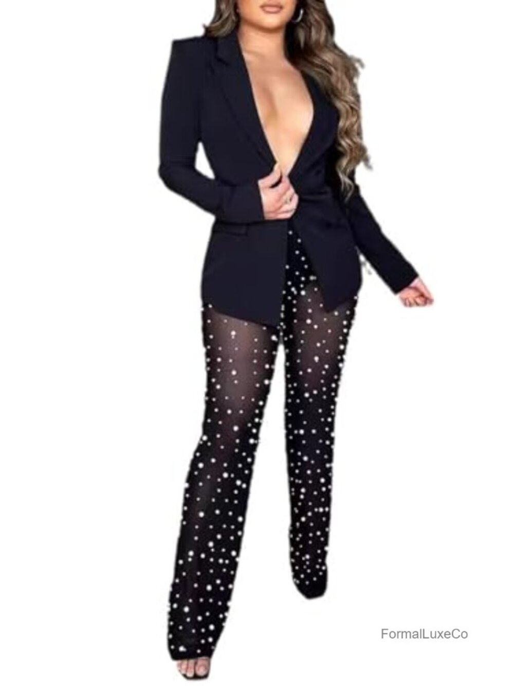 Women's 2 Piece Blazer Pants Set Long Sleeve Mesh Club Suit